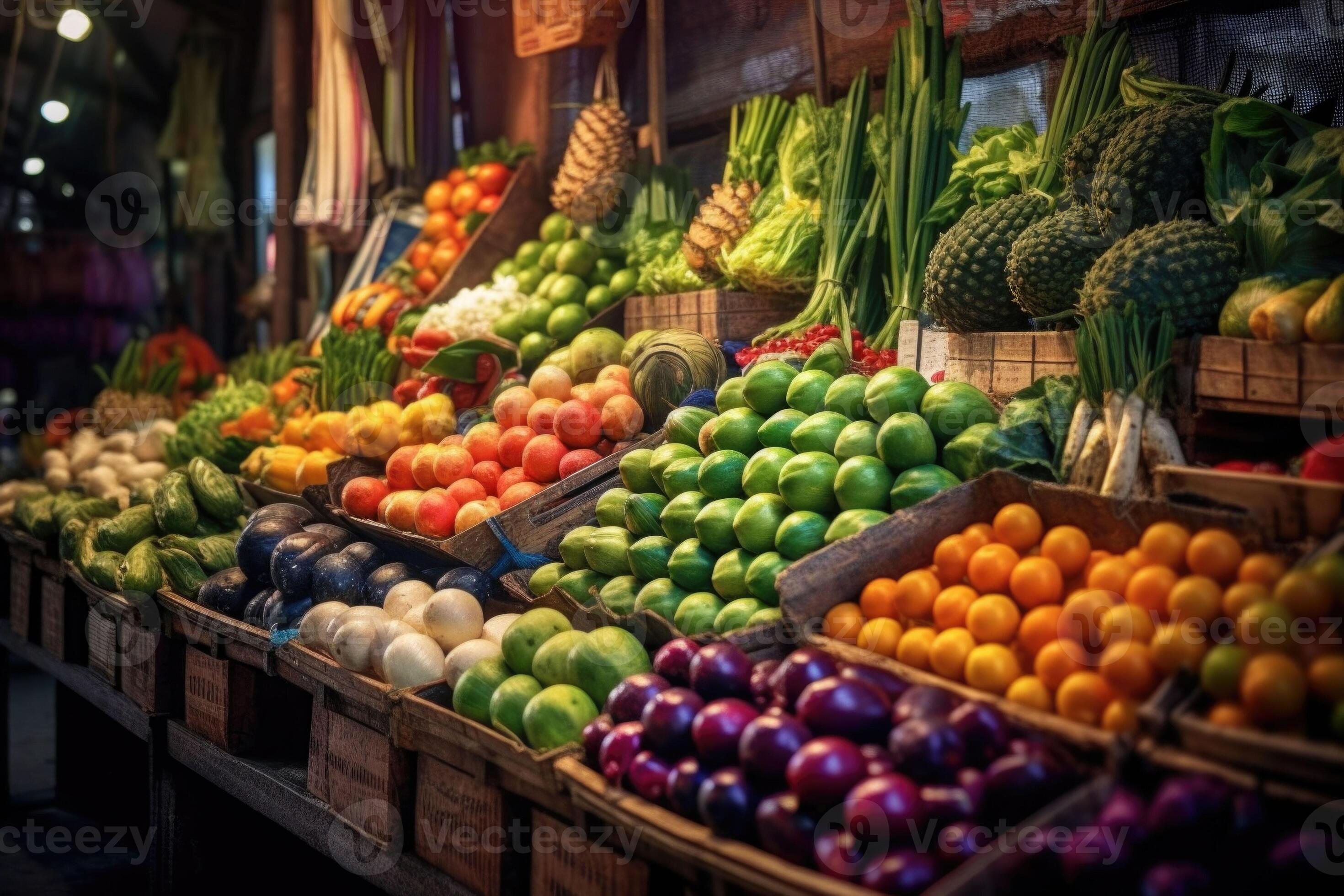A bustling fresh market with rows of colorful fruits and vegetables