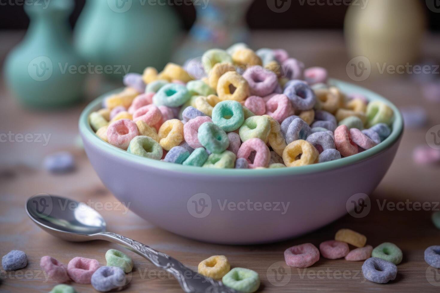 Pastel colored froot loops with small spoon. Delicious fruit cereal rings. photo