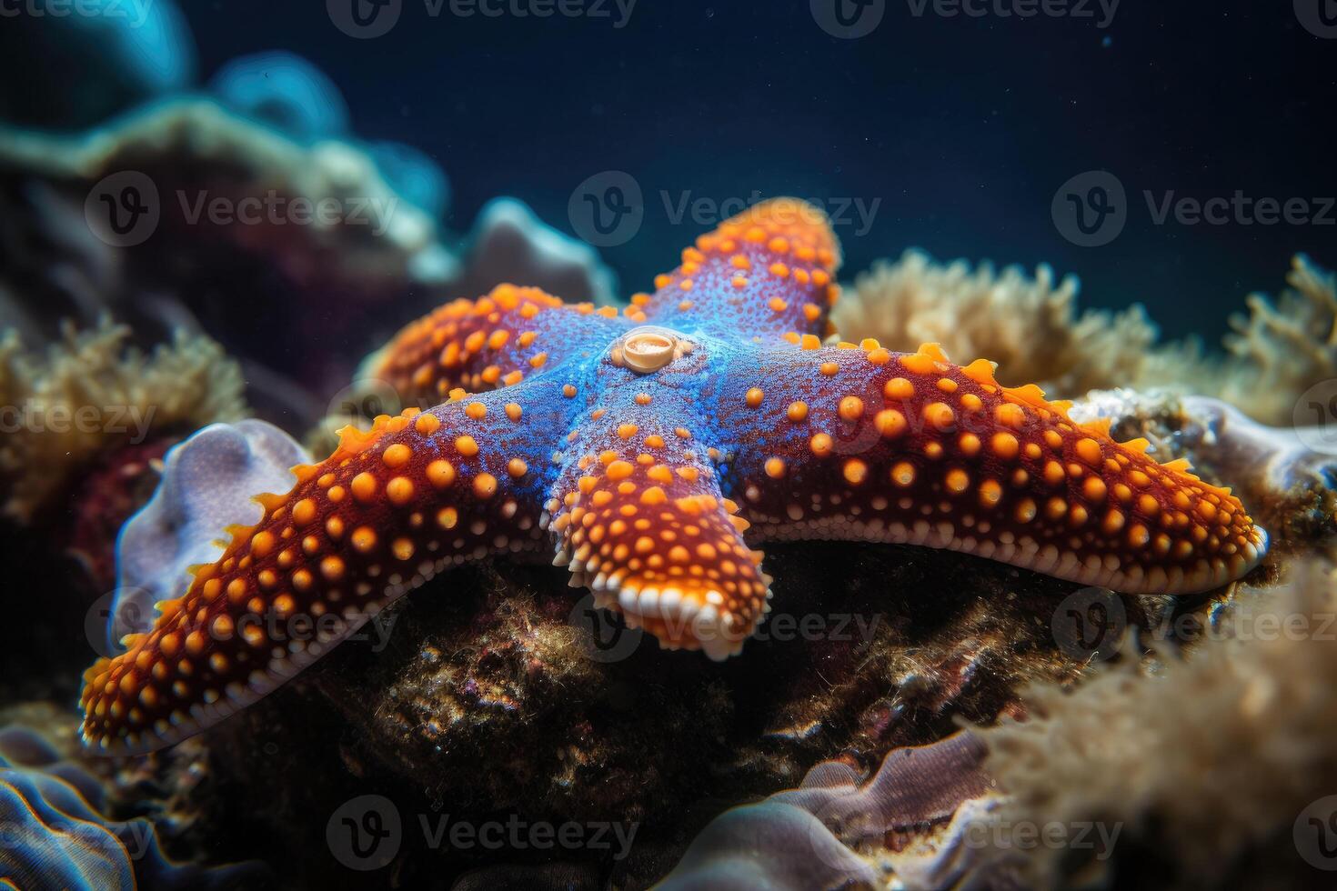 Sea star in a reef colorful underwater landscape background. Star fish in tropical seashore. photo