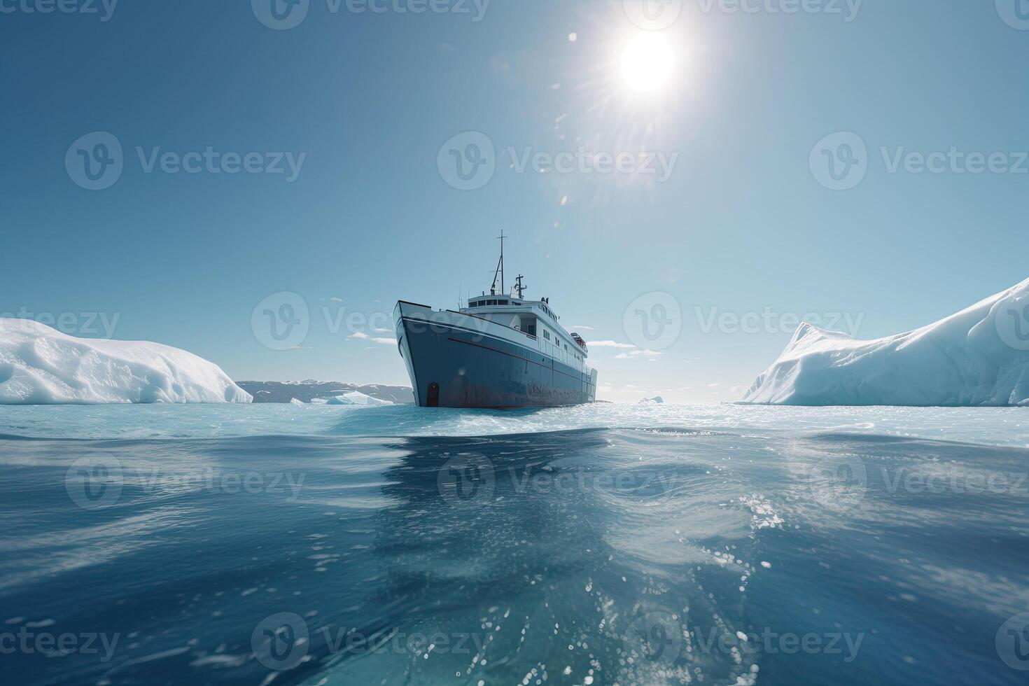 Antarctic landscape with ship and icebergs. The ship driving through frozen sea. photo