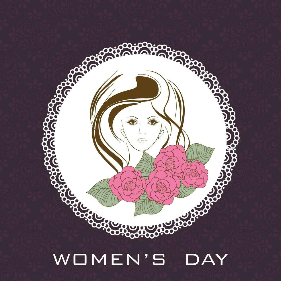 Happy Women's Day celebrations concept with stylish pink text and illustration of a girl face on background. vector
