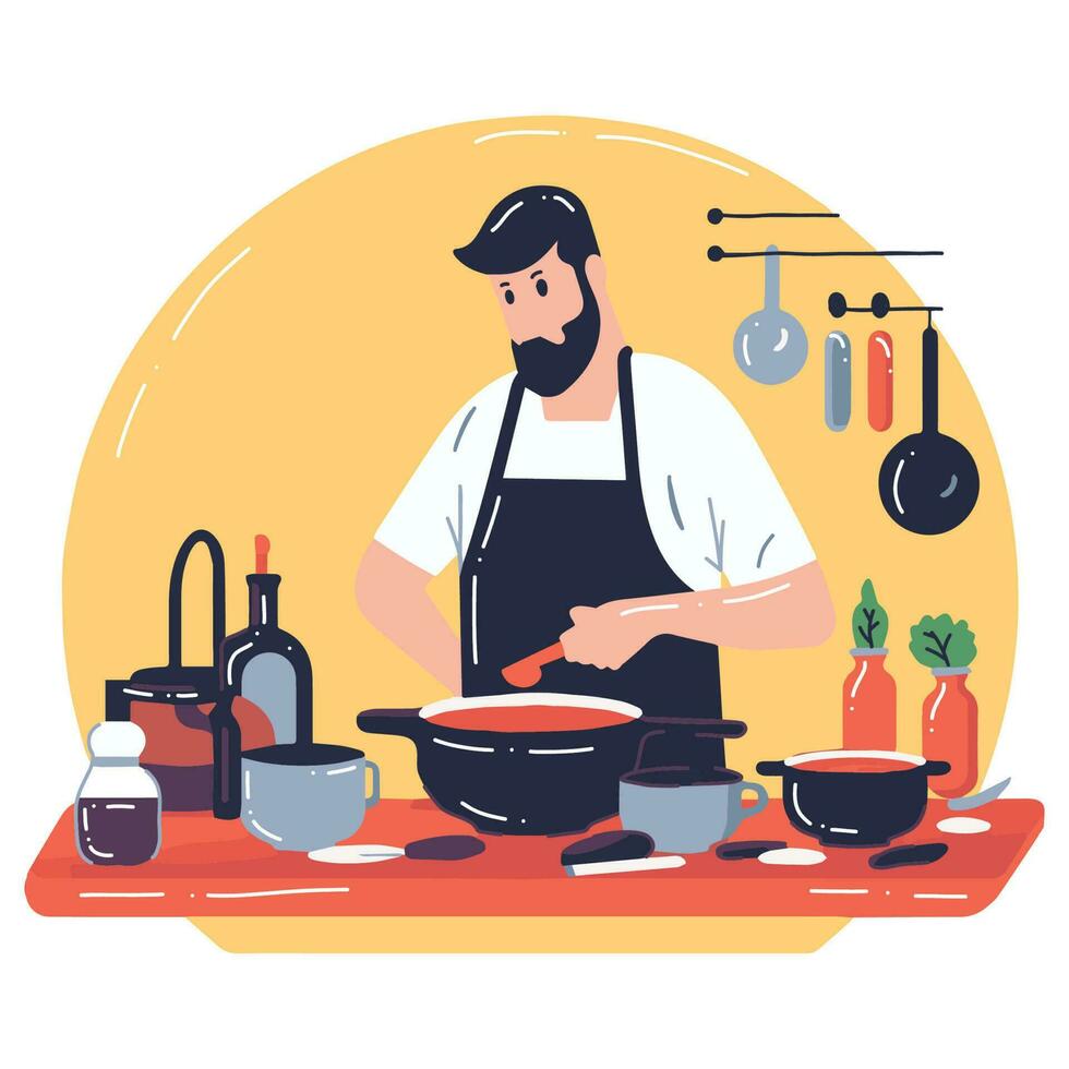 Hand Drawn chef cooking in the kitchen flat style illustration for business ideas vector