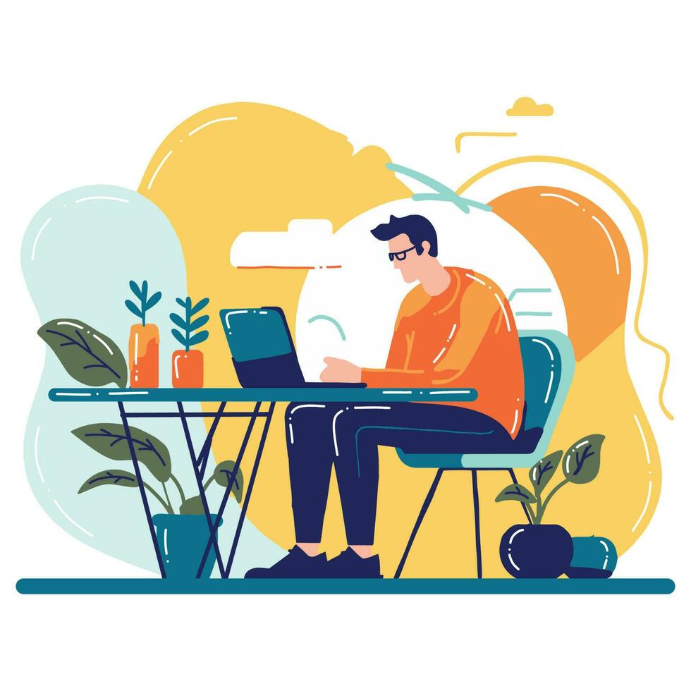 Hand Drawn Freelance man working in the office style illustration for business ideas vector