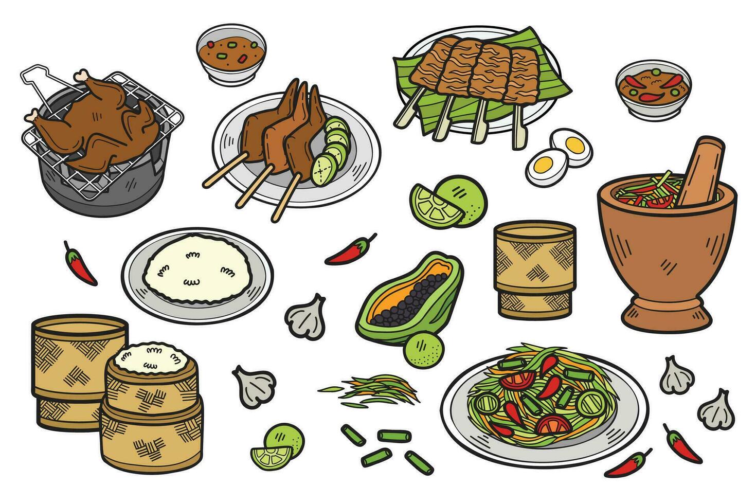 mano dibujado tailandés comida colección en plano estilo ilustración para negocio ideas vector