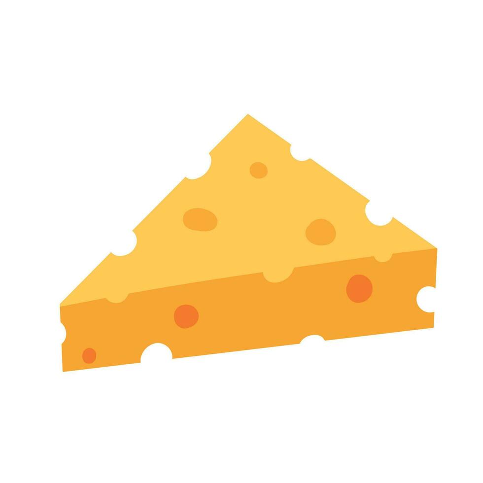 Triangular piece of cheese with holes. Swiss dairy product. Delicious flat style food. Organic meal isolated on white background vector