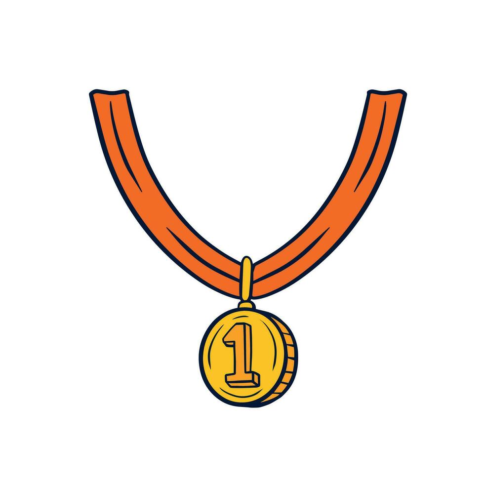 Gold medal for first place. Reward and victory in sports. Winner of competition. Outline cartoon illustration vector