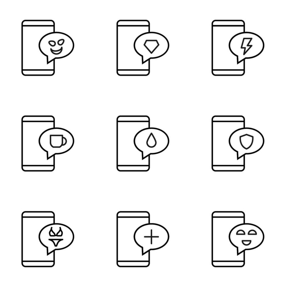 vector contorno señales y símbolos dibujado en plano estilo con negro Delgado línea. editable trazos línea íconos de sonrisa, diamante, destello, iluminación, taza, soltar en habla burbuja por teléfono inteligente