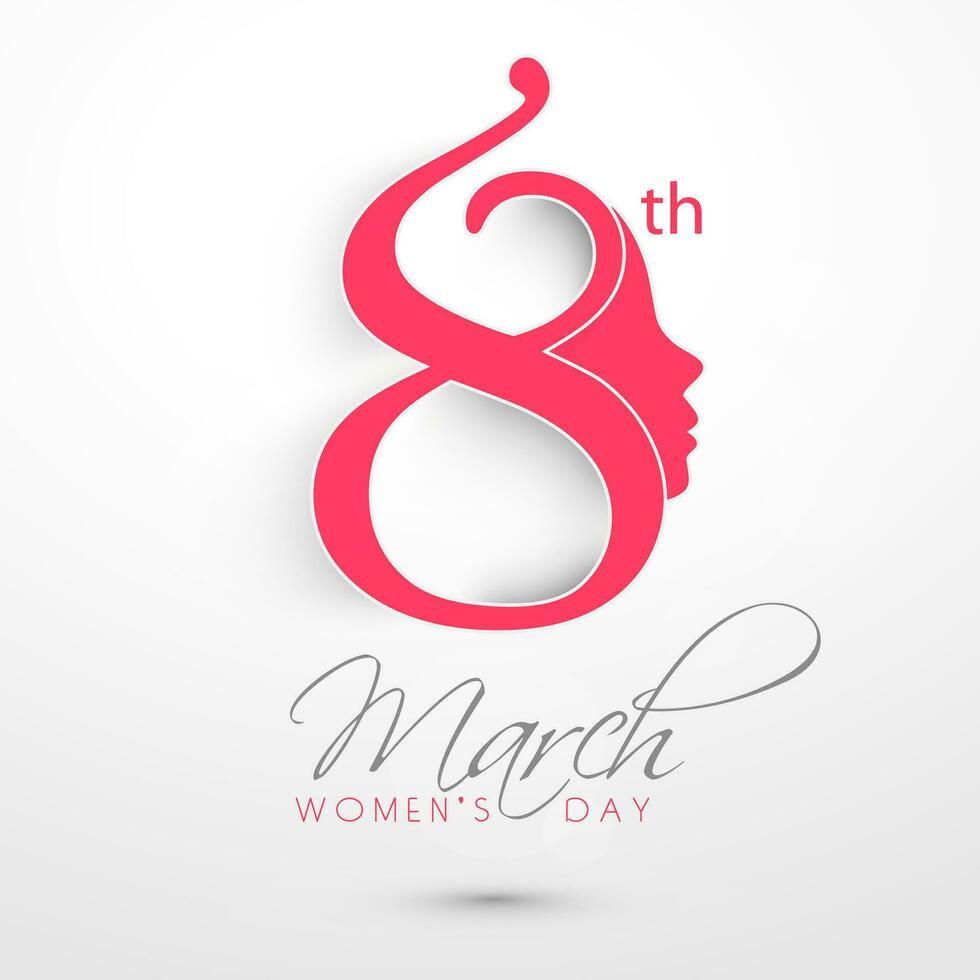 Happy Women's Day greeting card or background with illustration of lady face and text 8 March on red background. vector