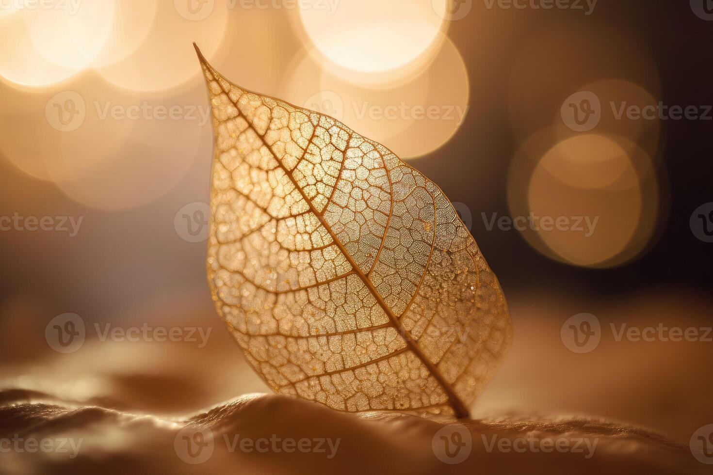 Close up white skeletonized leaf on golden background with round bokeh. photo