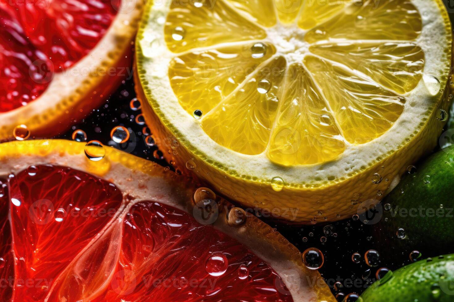 Fresh slices of different types of citrus orange, lime, lemon, grapefruit. photo