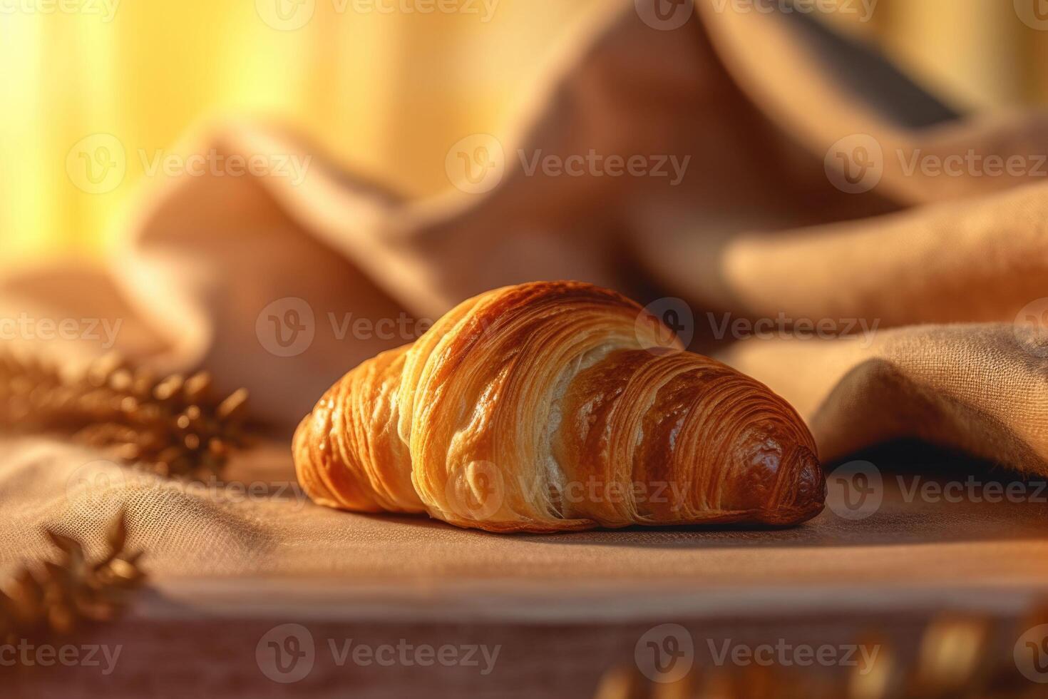 Croissant in soft golden light with elegant presentation with napkin on background. photo
