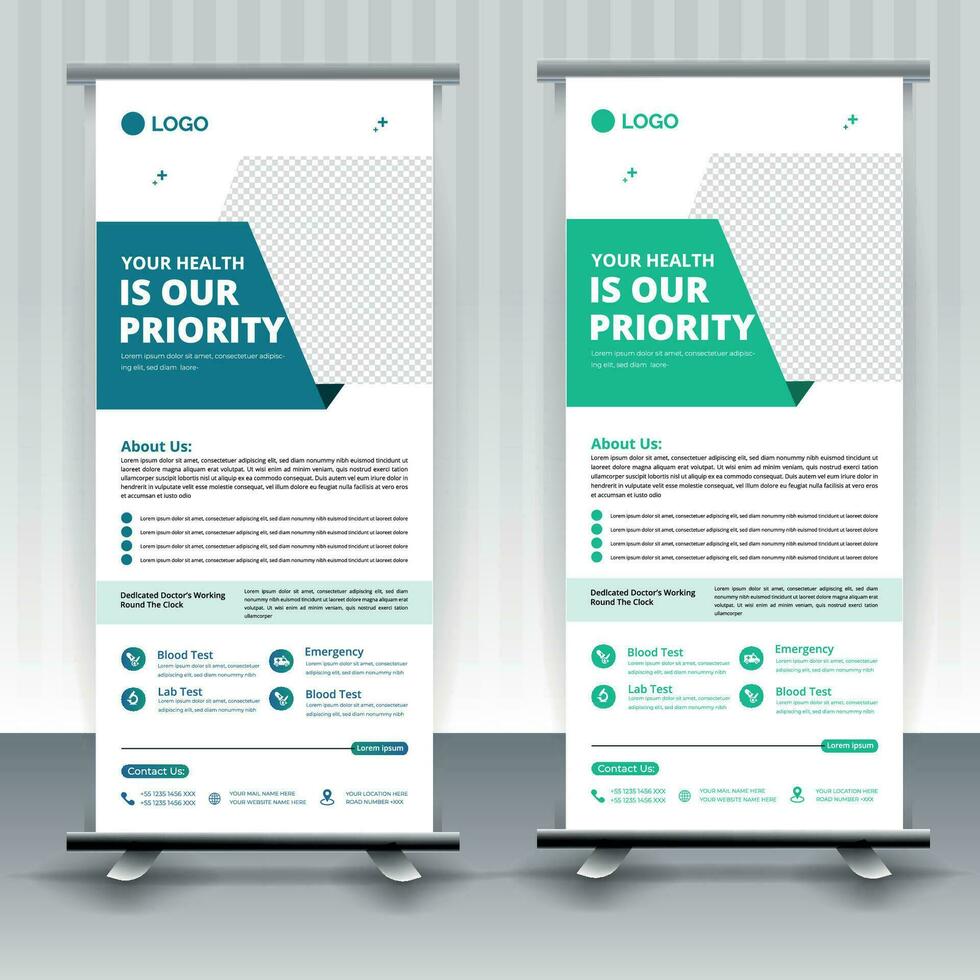 Modern healthcare and medical roll up design for hospital doctor clinic dental. standing banner template decoration for exhibition, printing, presentation, elegant layout. vector