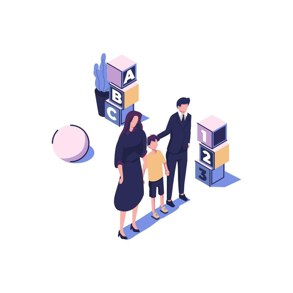 Happy family mother father daughter son holding hands and hugging flat style isometric  illustration vector design