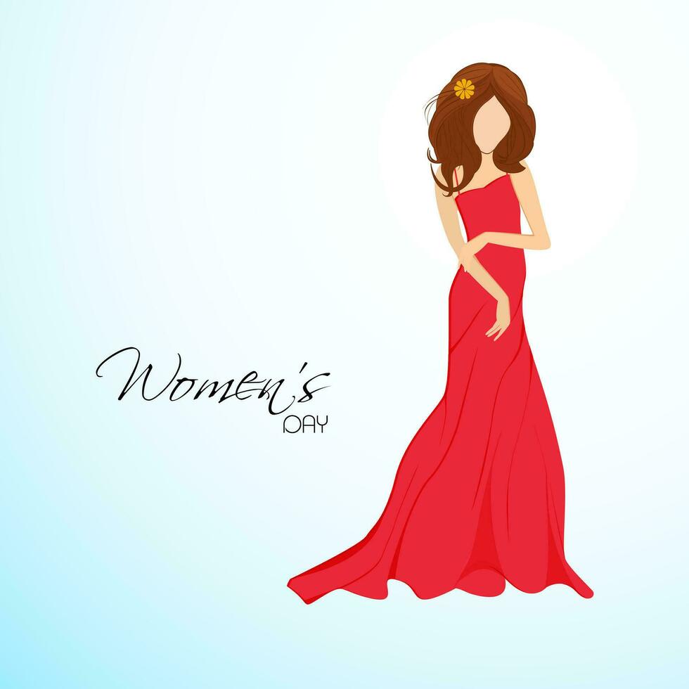 Happy Womens Day greeting card or poster design with purple silhouette of girl in dancing pose on floral decorated grey background. vector