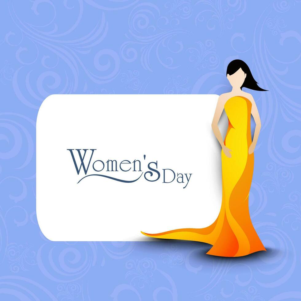 Happy Womens Day greeting card or poster design with purple silhouette of girl in dancing pose on floral decorated grey background. vector