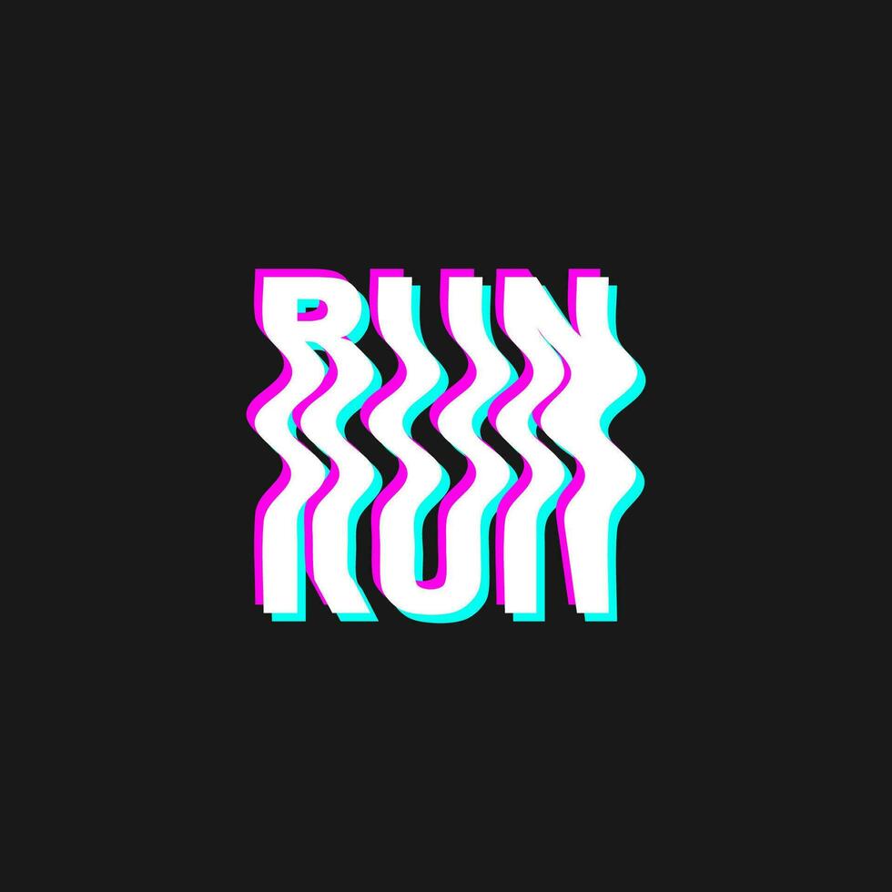 Vector illustration with 3d glitch effect, lettering RUN. Groovy wavy lettering in trendy psychedelic y2k, 90s, 00s rave style, nostalgia, crazy print.