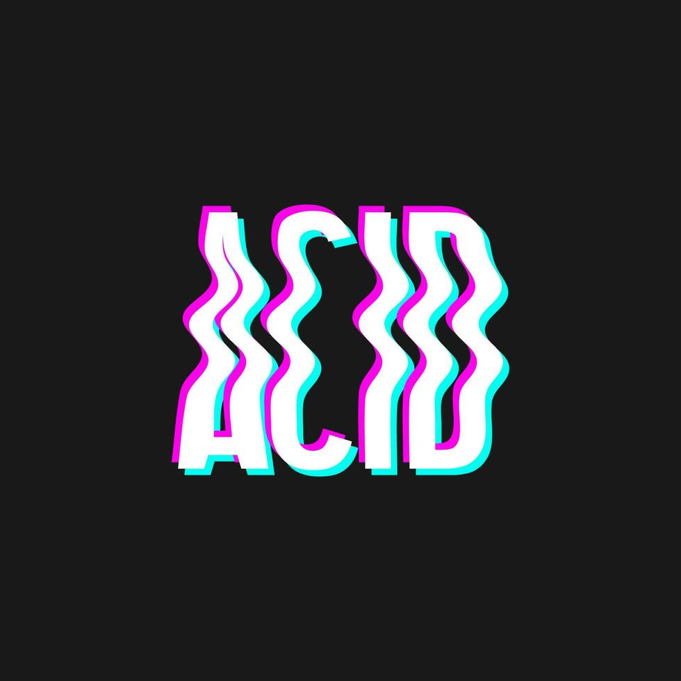 Vector illustration with 3d glitch effect, lettering acid. Groovy wavy lettering in trendy psychedelic y2k, 90s, 00s rave style, nostalgia. Crazy print.