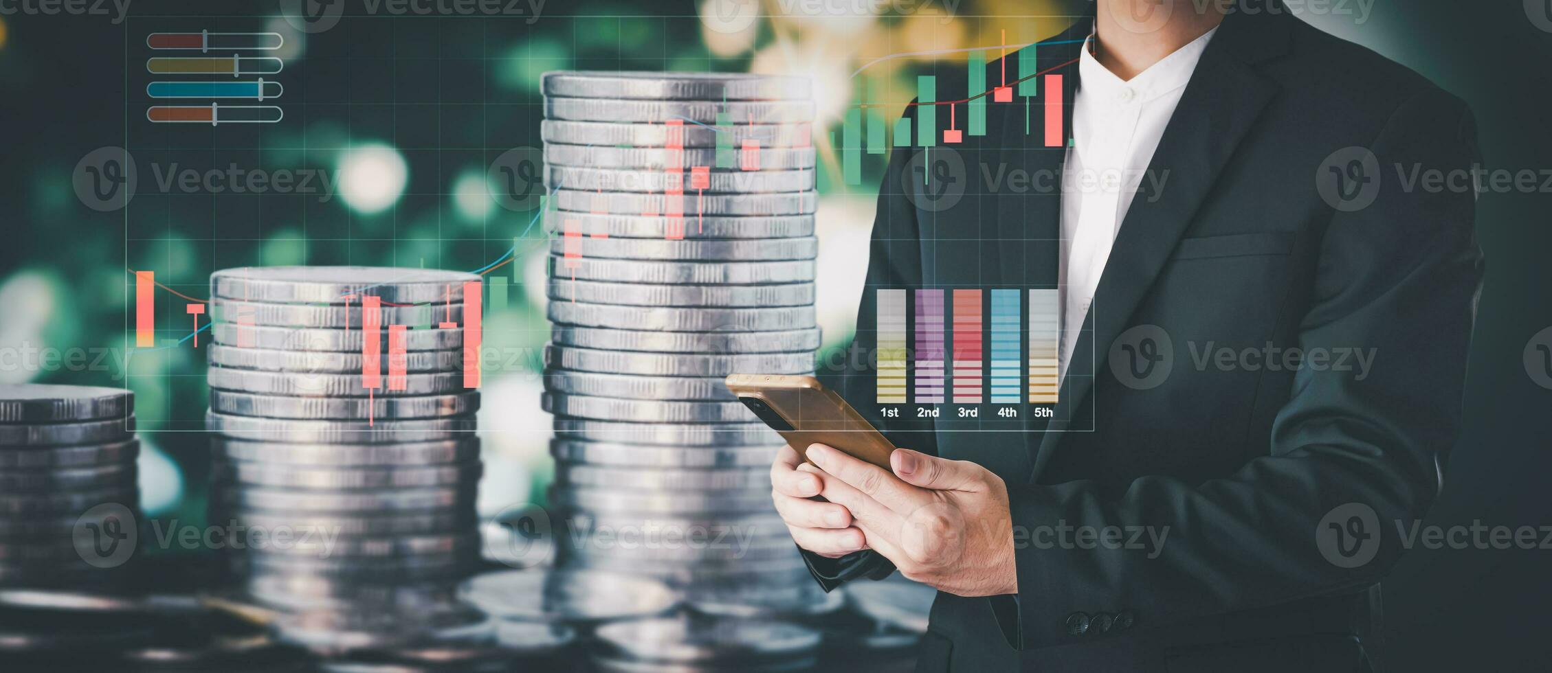Businesspeople may use the Internet to connect financial networks and do information searches on their mobile devices utilizing artificial intelligence. photo