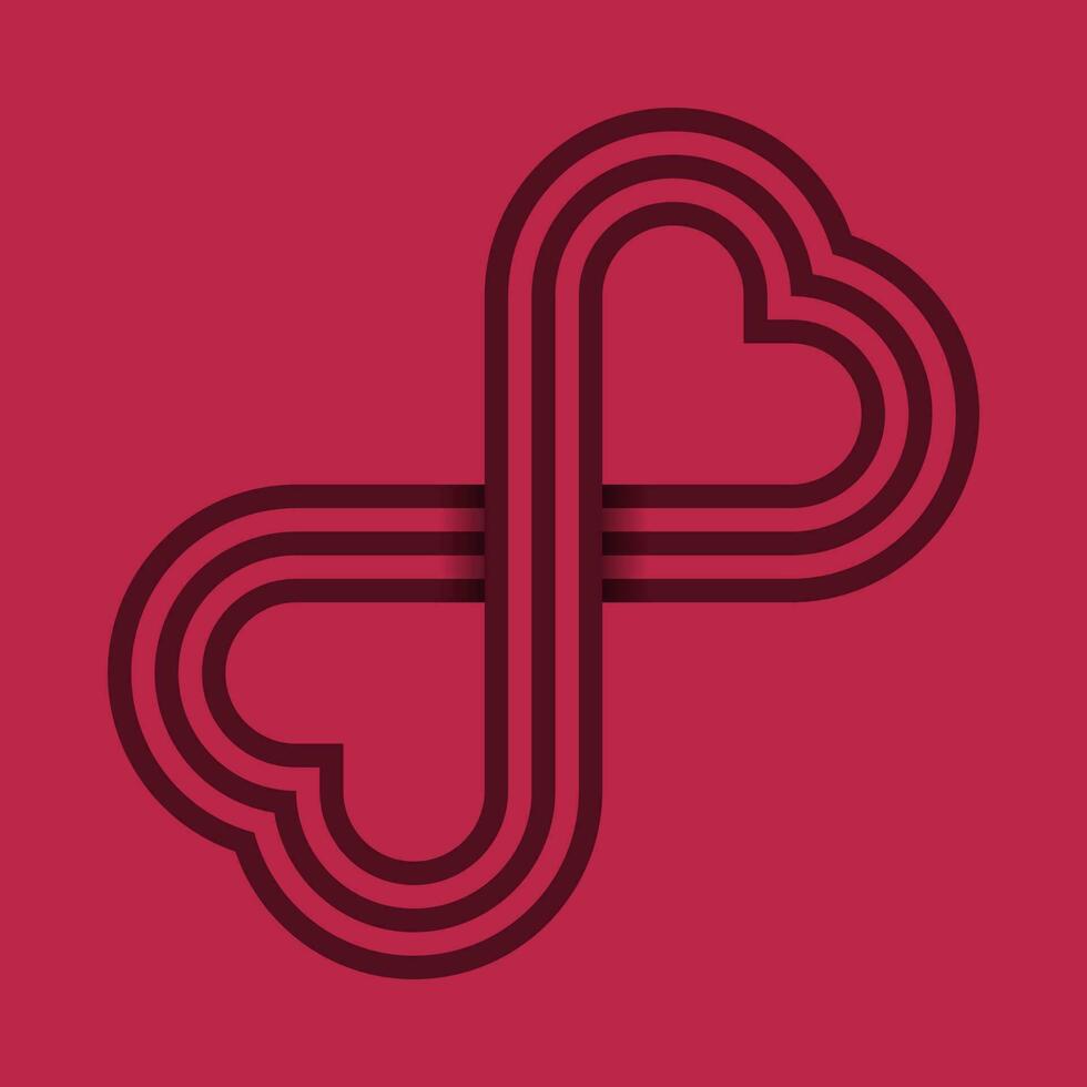 Heart shape symmetrical infinity pattern. 3 maroon stripes, red background. Double heart design, logo, symbol, icon. Vector illustration.