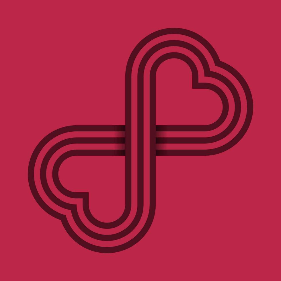 Heart shape symmetrical infinity pattern. 3 maroon stripes, red background. Double heart design, logo, symbol, icon. Vector illustration.