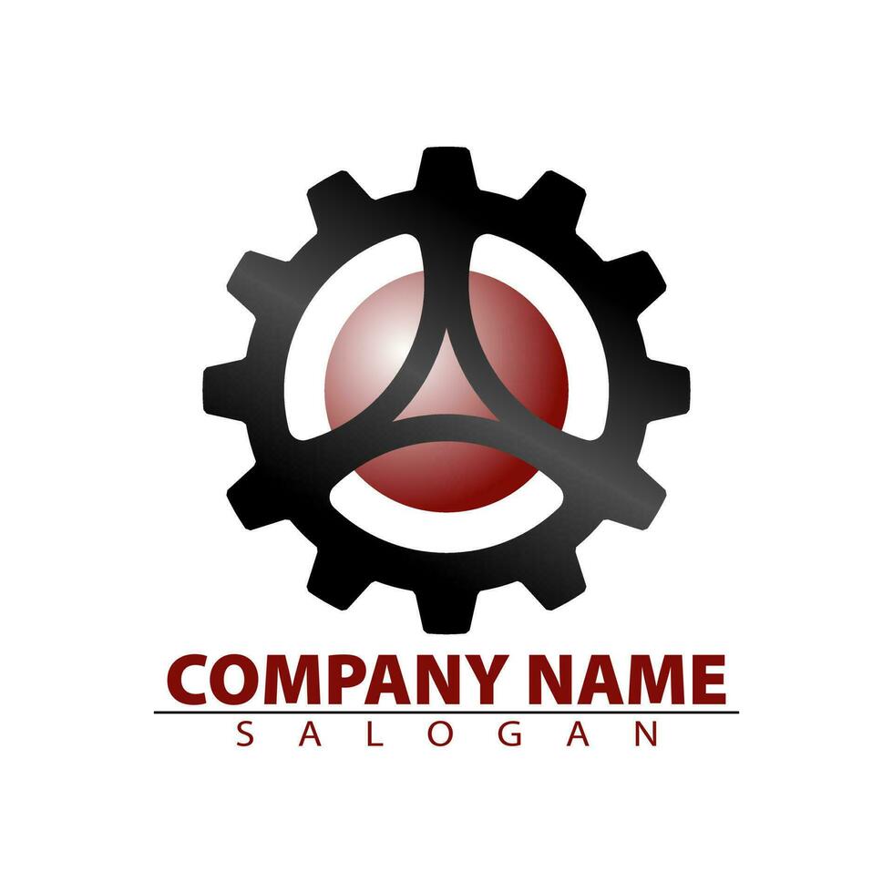 Company logo design. Black gear icon red gradient circle. Triangle in the middle. For industrial, technology, business or symbol templates. Vector illustration.