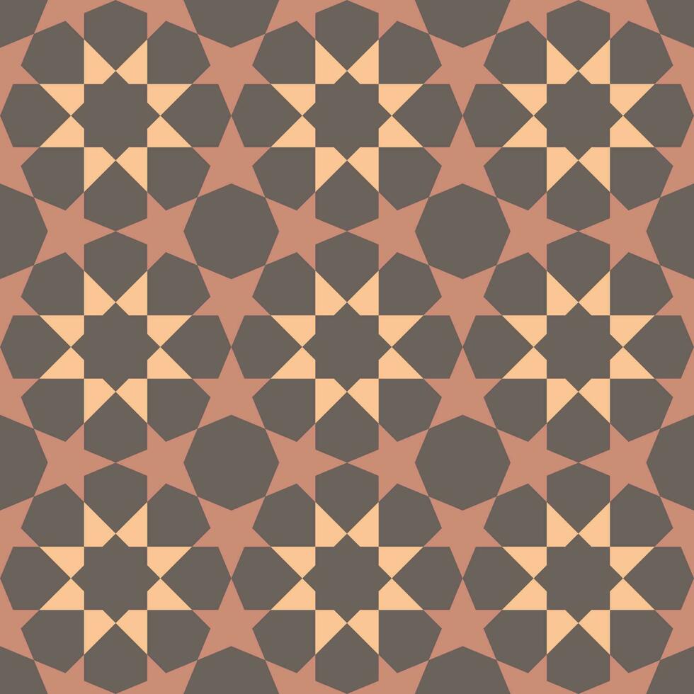 Eight-pointed shape background in the center. The five-pointed star is all around. Seamless abstract geometric pattern Brown color. Texture design for textile, tile, poster, wall. Vector illustration.