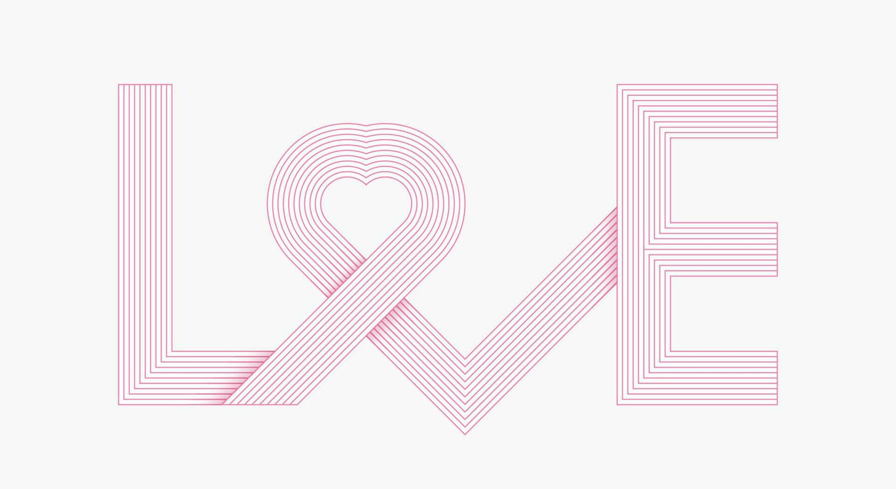 Calligraphy lettering of the word love in the shape of a heart. Geometric stripes white background pink lines. Texture element design for banner, card, poster, backdrop, wall. Vector illustration.