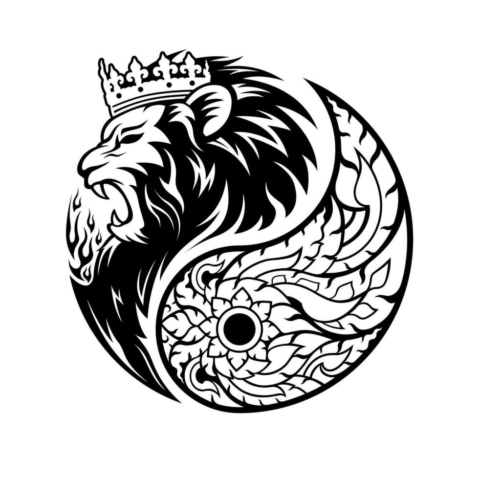 yin yang símbolo. negro león Rey cabeza y blanco tailandés Arte modelo. diseño para un logo o icono. vector ilustración.