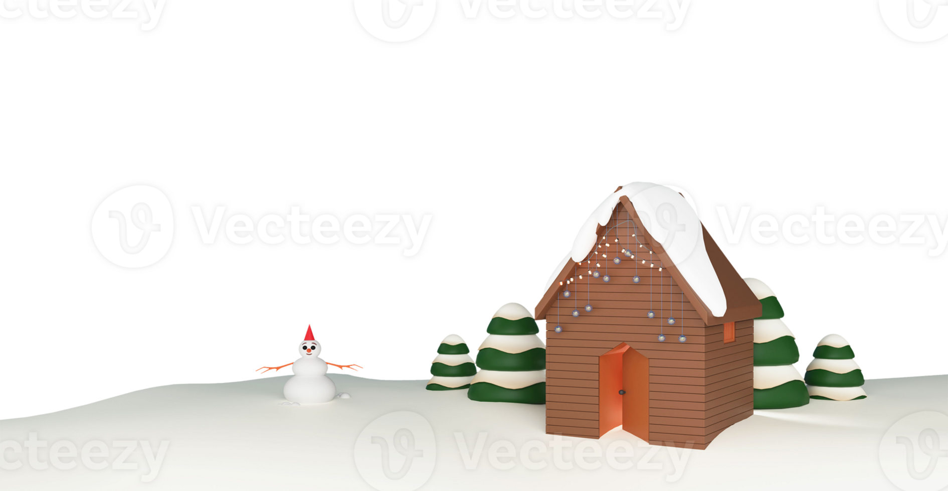 3D Render Of Decorative House From Lighting Garland With Baubles, Snowman, Xmas Tree On Snow png
