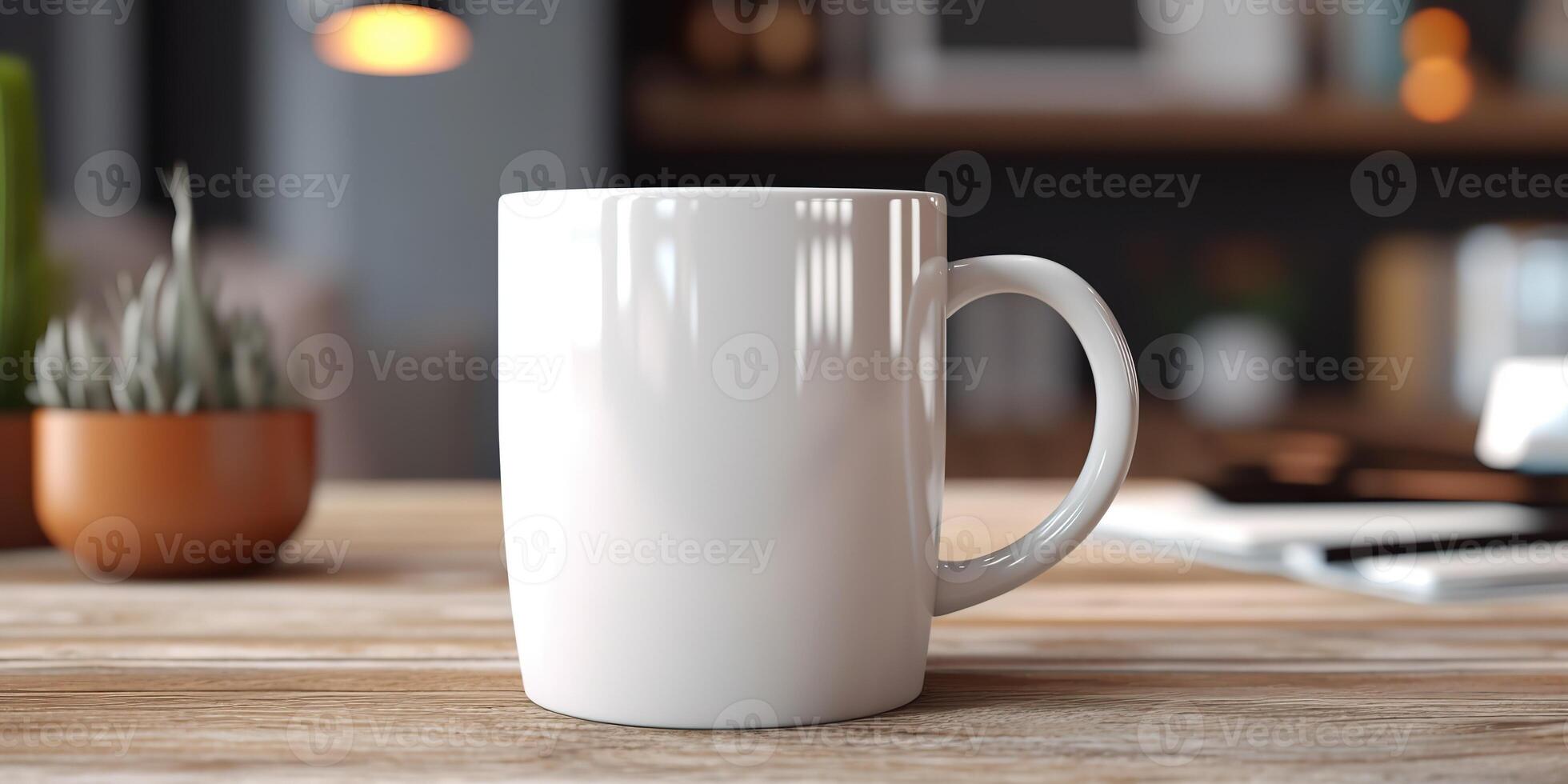 . . Ceramic white color mug cup morning tea coffee on wood table in bright kitchen. Can be used for promotrion or graphic design brand. Graphic Art photo