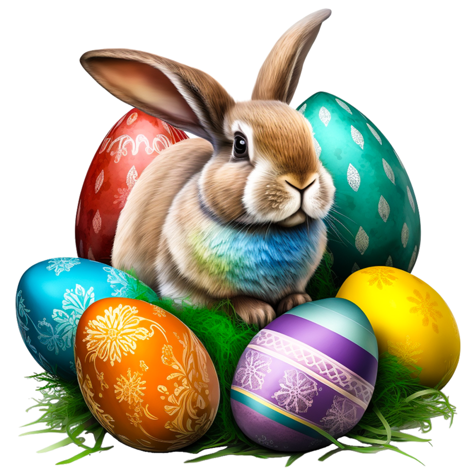 Watercolor Art Of Rabbit And Easter Eggs On Grass In Meadow Free png