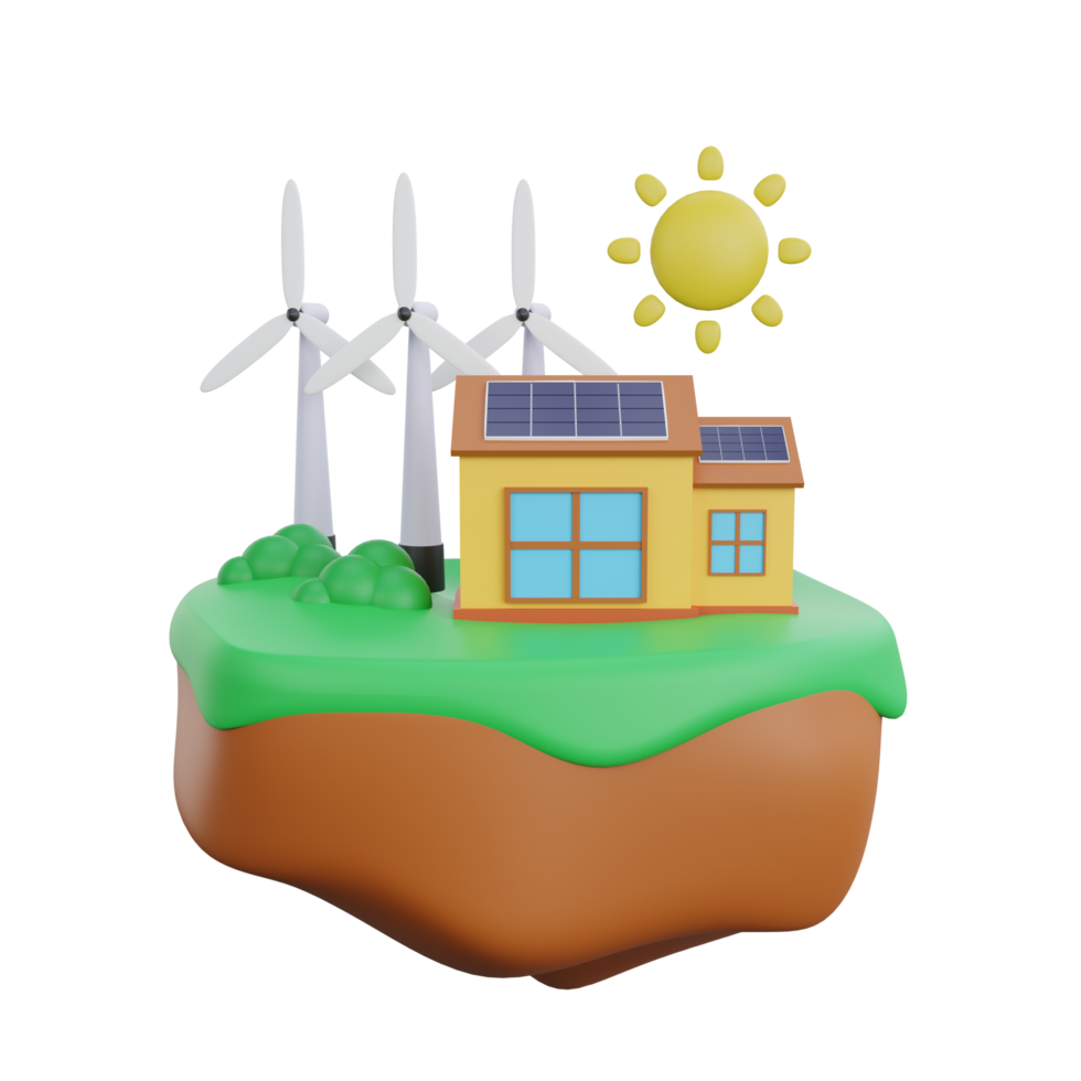 3d rendering of a wind turbine and solar panels ecology concept png