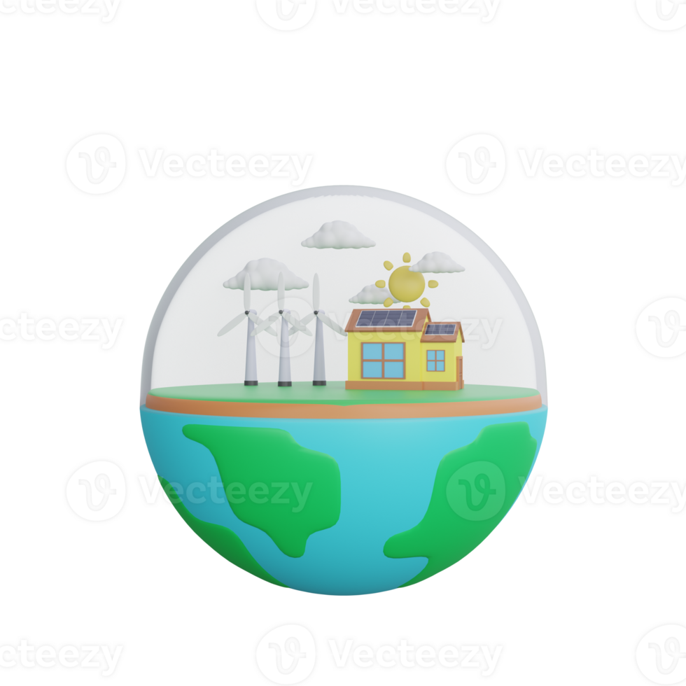 3d rendering of a wind turbine and solar panels ecology concept png