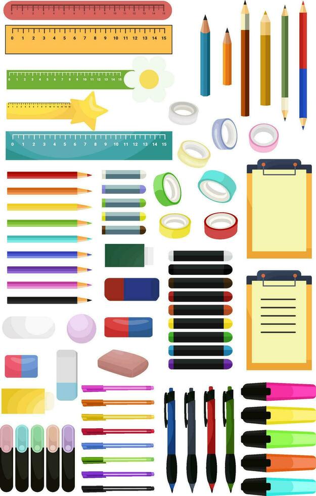 a large set of stationery, office and school supplies, materials for scrapbooking, artbooks and diaries, adhesive tape, rulers, markers, highlighters, pencils, pens, erasers, crayons and much more vector