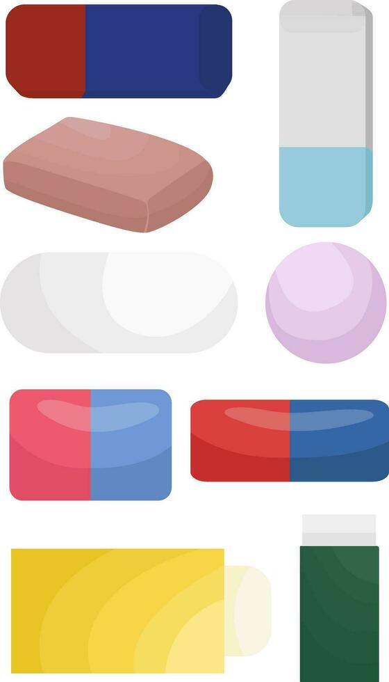 erasers, nags, eraser set, round, oval, rectangular, erasers of different colors, shapes and sizes, school and office supplies, vector, illustration, set vector