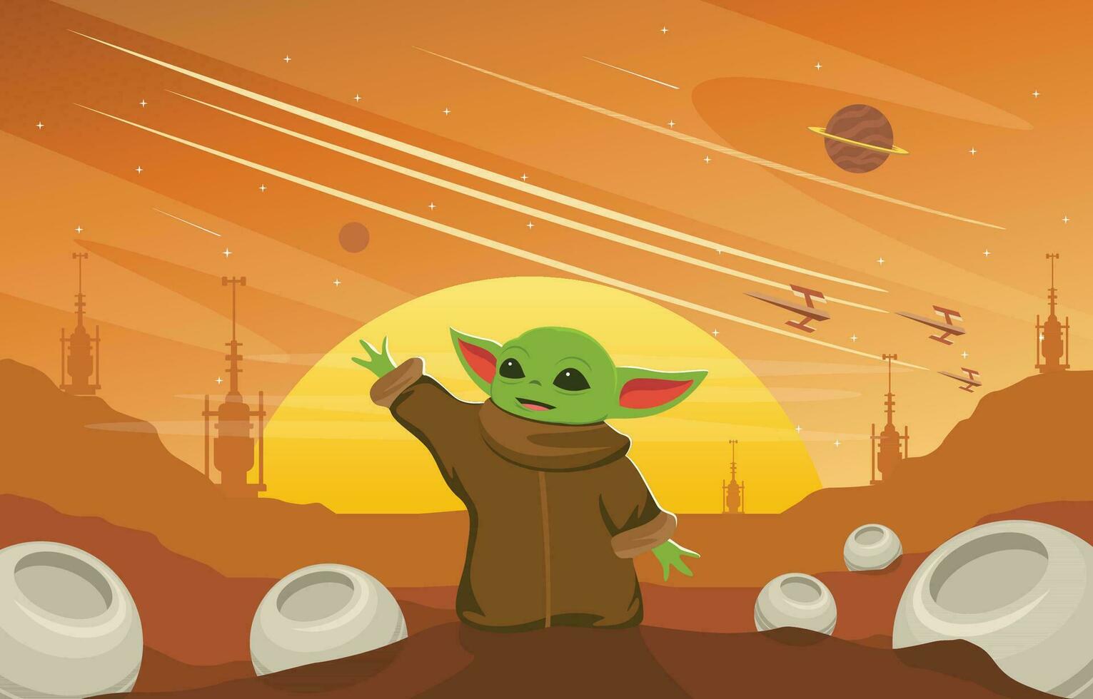 A Planet with Cute Baby Alien Character Background vector