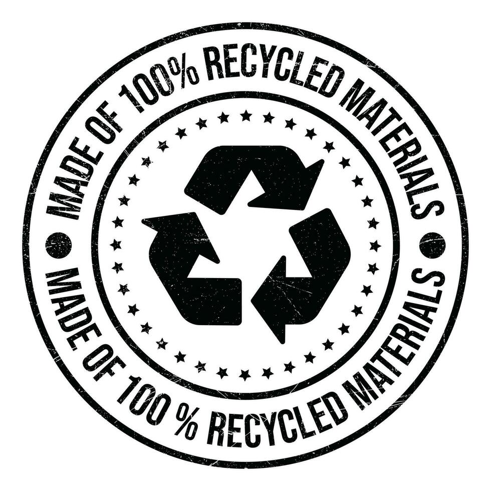 Made Of 100 Percent Recycled Materials Badge, Stamp, Logo, Emblem, Recycling Vector Icon, Recyclable Products, Packaging Design Elements, Plastic Bag, Bottle, Vector Illustration, Grunge Texture