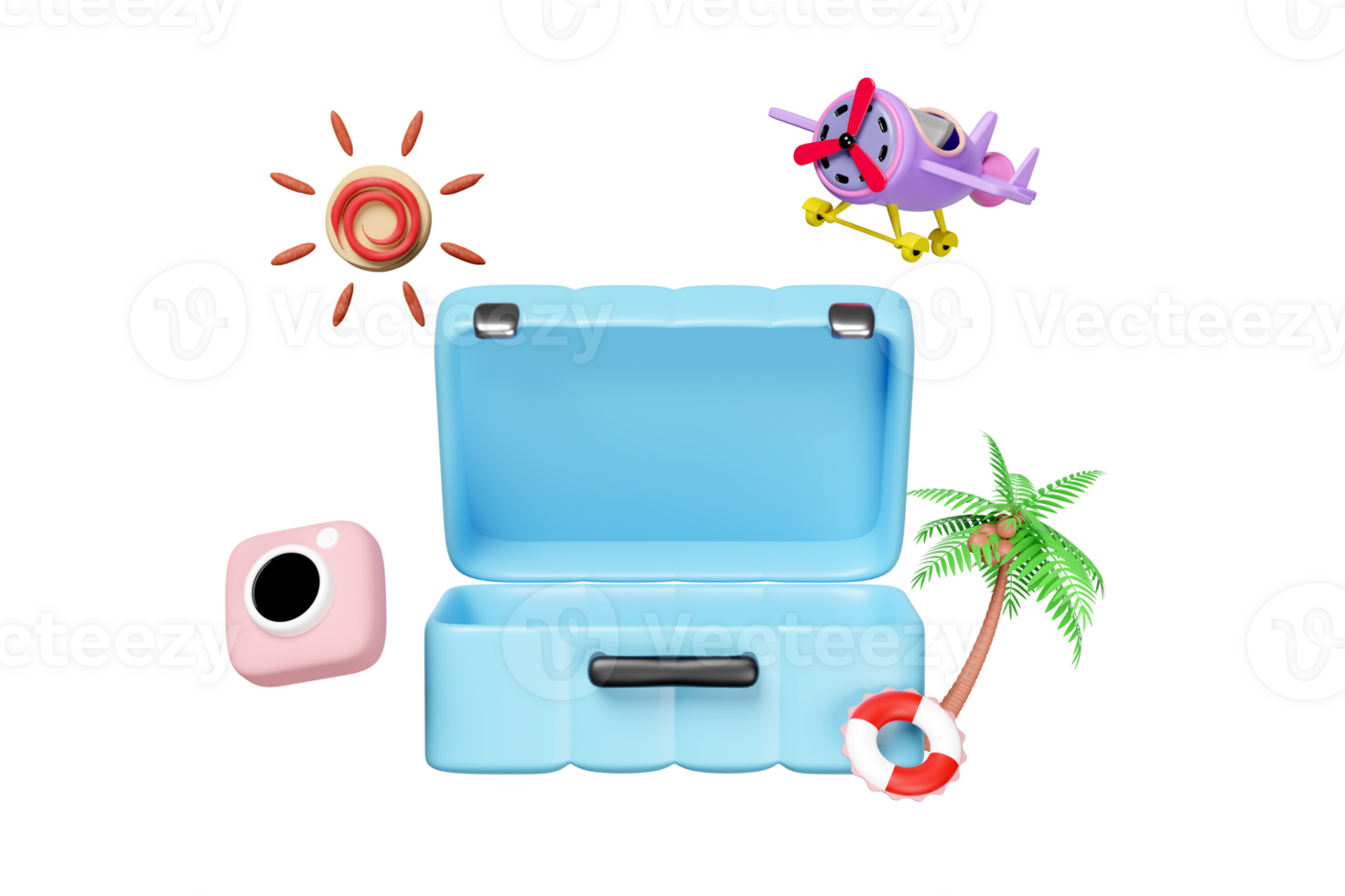 3d blue open suitcase empty with airplane, sun, plane, palm tree, camera isolated. png