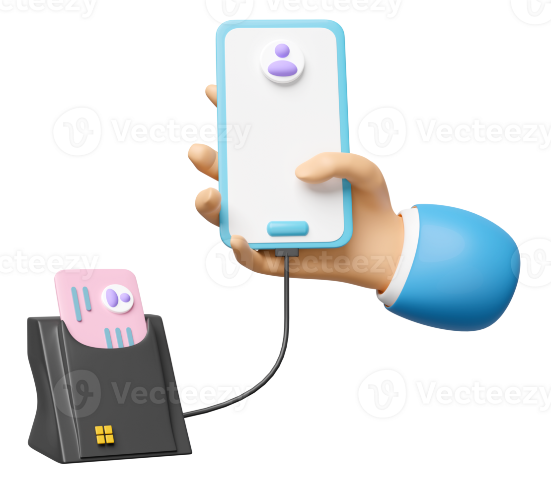 3d mobiel telefoon, smartphone met slim kaart lezer, extern USB kaart lezer, ID kaart kaart, Wifi icoon geïsoleerd. 3d geven illustratie png