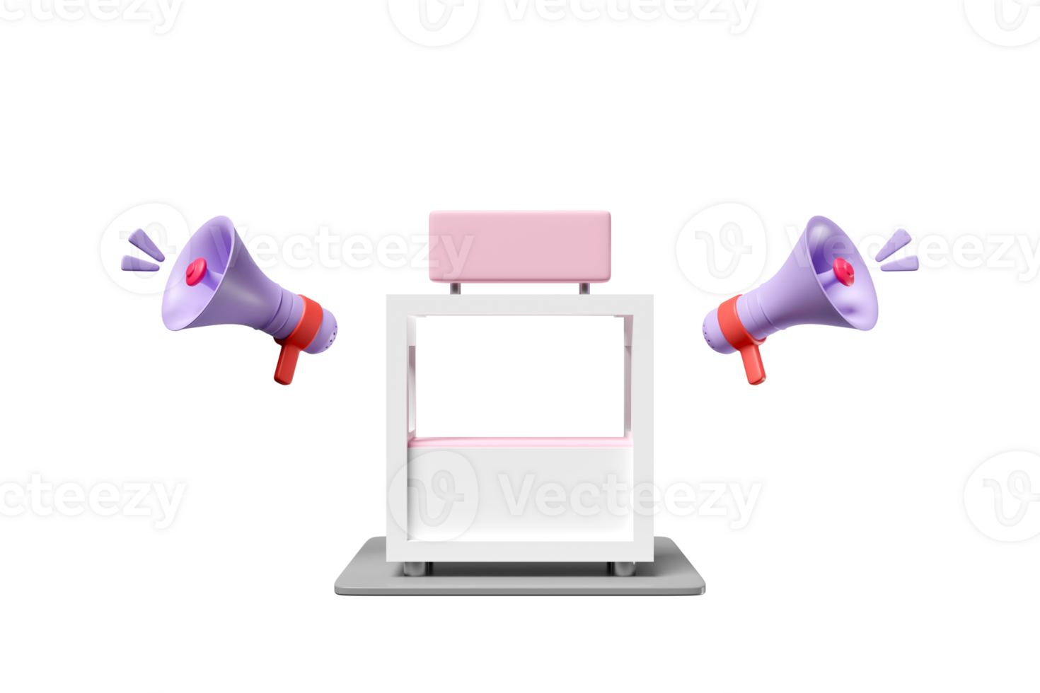 3d pink white booth shop icon or empty retail store front with shop sign, megaphone isolated. startup franchise, announce promotion news png