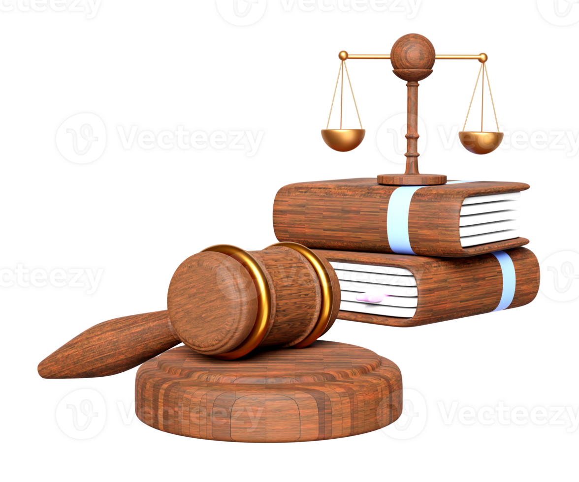 3d de madeira juiz martelo, martelo leilão com justiça escalas, livro isolado. lei, justiça sistema símbolo conceito, 3d render ilustração png