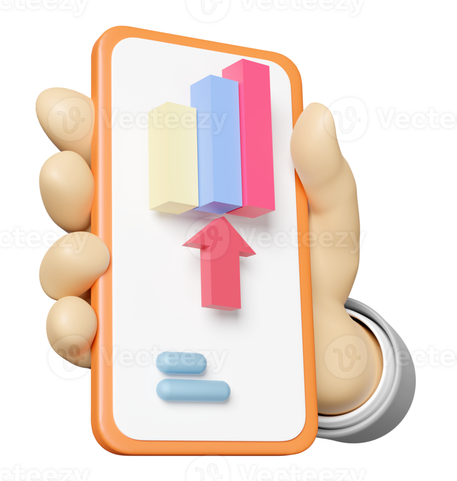 3d gráficos, grafico con mano participación móvil teléfono, teléfono inteligente, análisis negocio financiero datos, flecha aislado. negocio estrategia concepto png