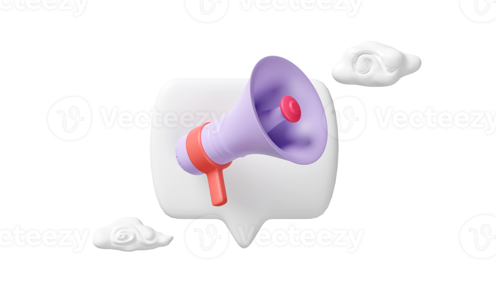 3d purple megaphone or cartoon hand speaker on speech bubble with cloud isolated. announce promotion news for social media networks, online marketing png