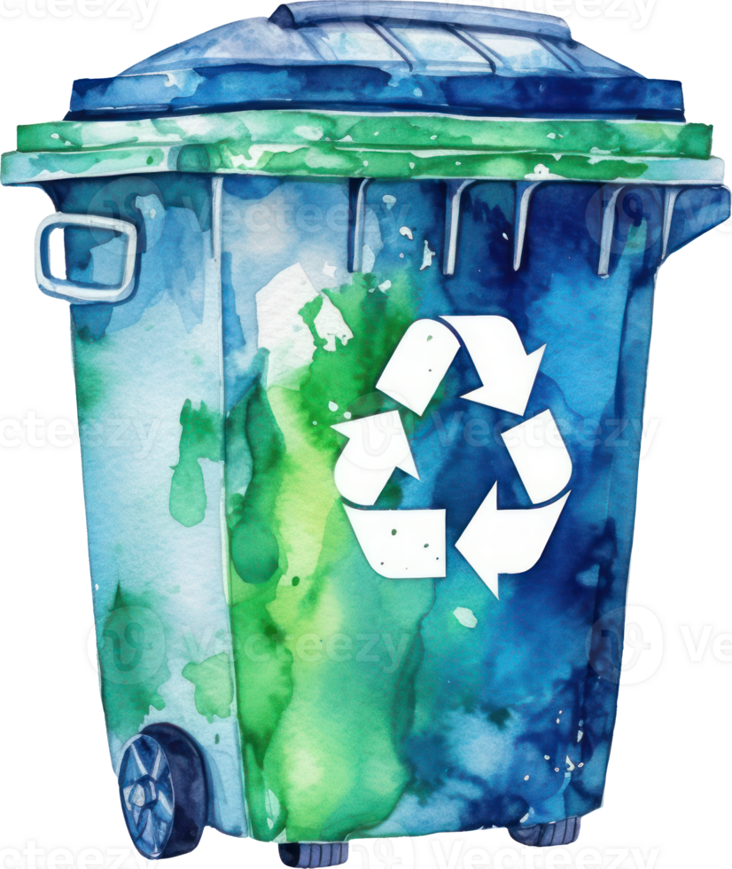 Green Blue Recycle Bin Watercolor Illustration. png