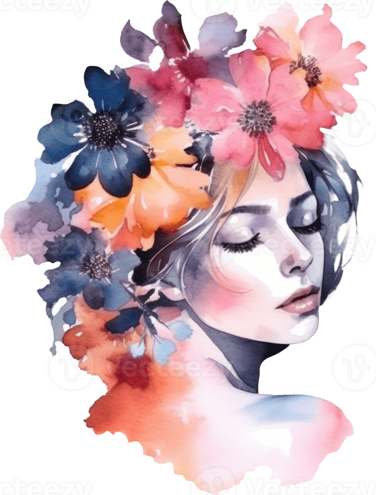 Woman and Flower Watercolor Illustration. png