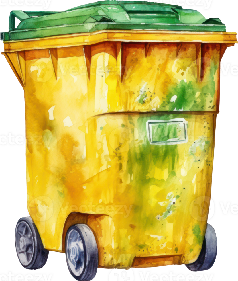 Yellow Blue Recycle Bin Watercolor Illustration. png