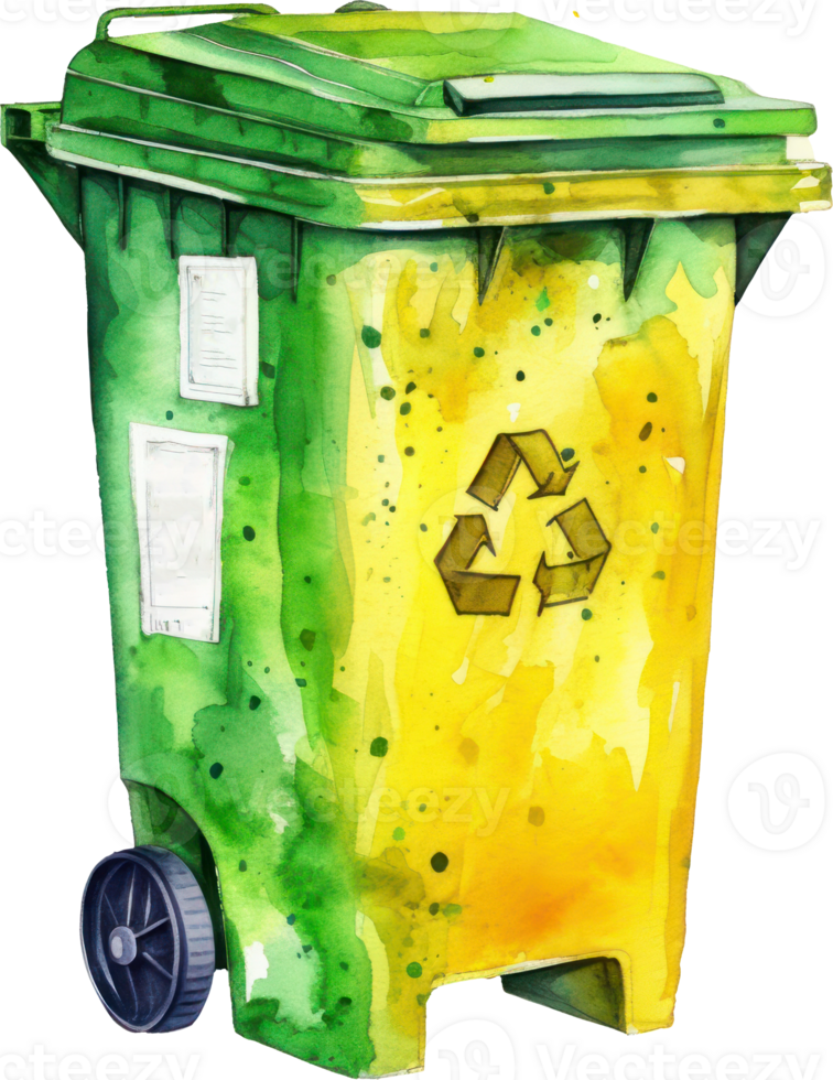 Yellow Blue Recycle Bin Watercolor Illustration. png