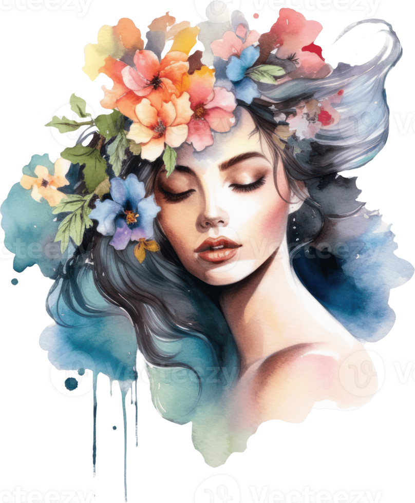 Woman and Flower Watercolor Illustration. png