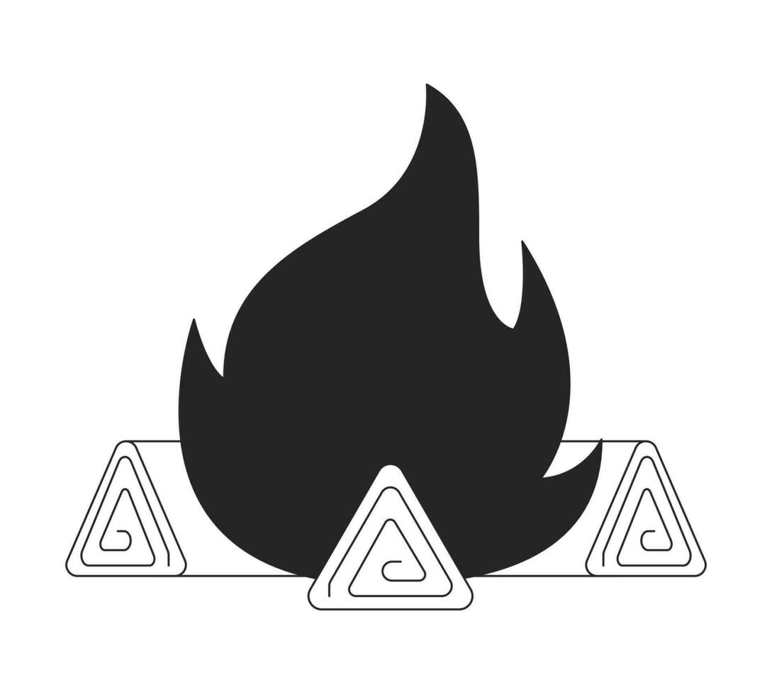 Burning bonfire flat monochrome isolated vector object. Campfire for hikers. Flame over timber. Editable black and white line art drawing. Simple outline spot illustration for web graphic design