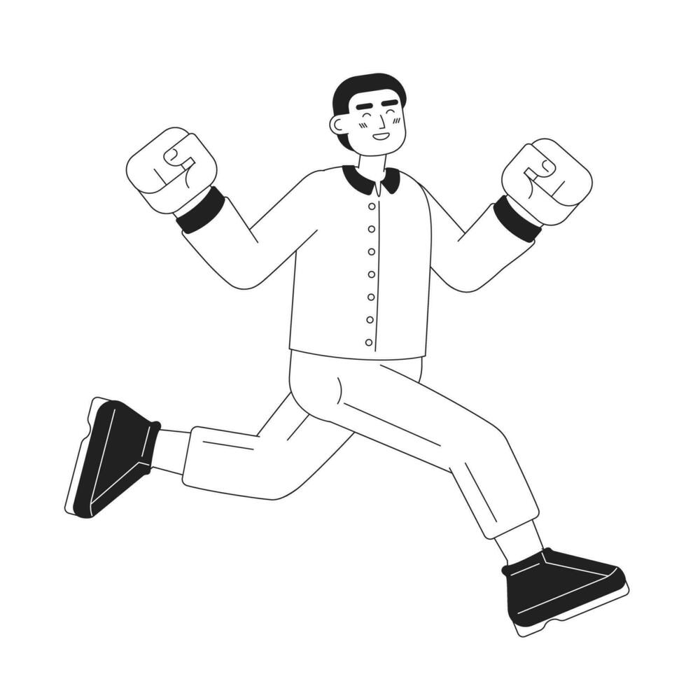 Excited african american male jumping monochromatic flat vector character. Celebrating young man. Editable thin line full body person on white. Simple bw cartoon spot image for web graphic design